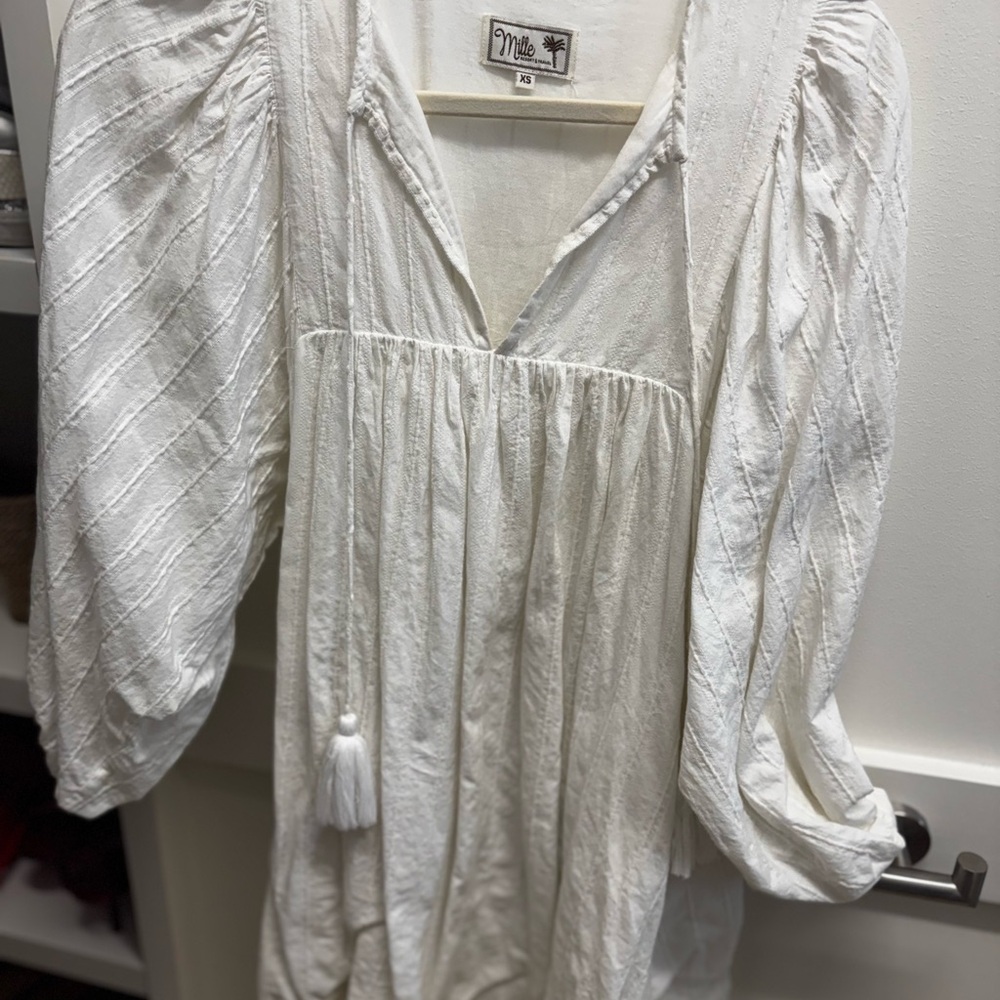 White Textured Dress with Puff Sleeves